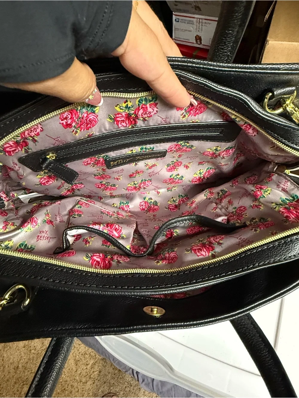 Betsy Johnson Quilted Rose-Pattern Satchel Bag in Light Pink and Black